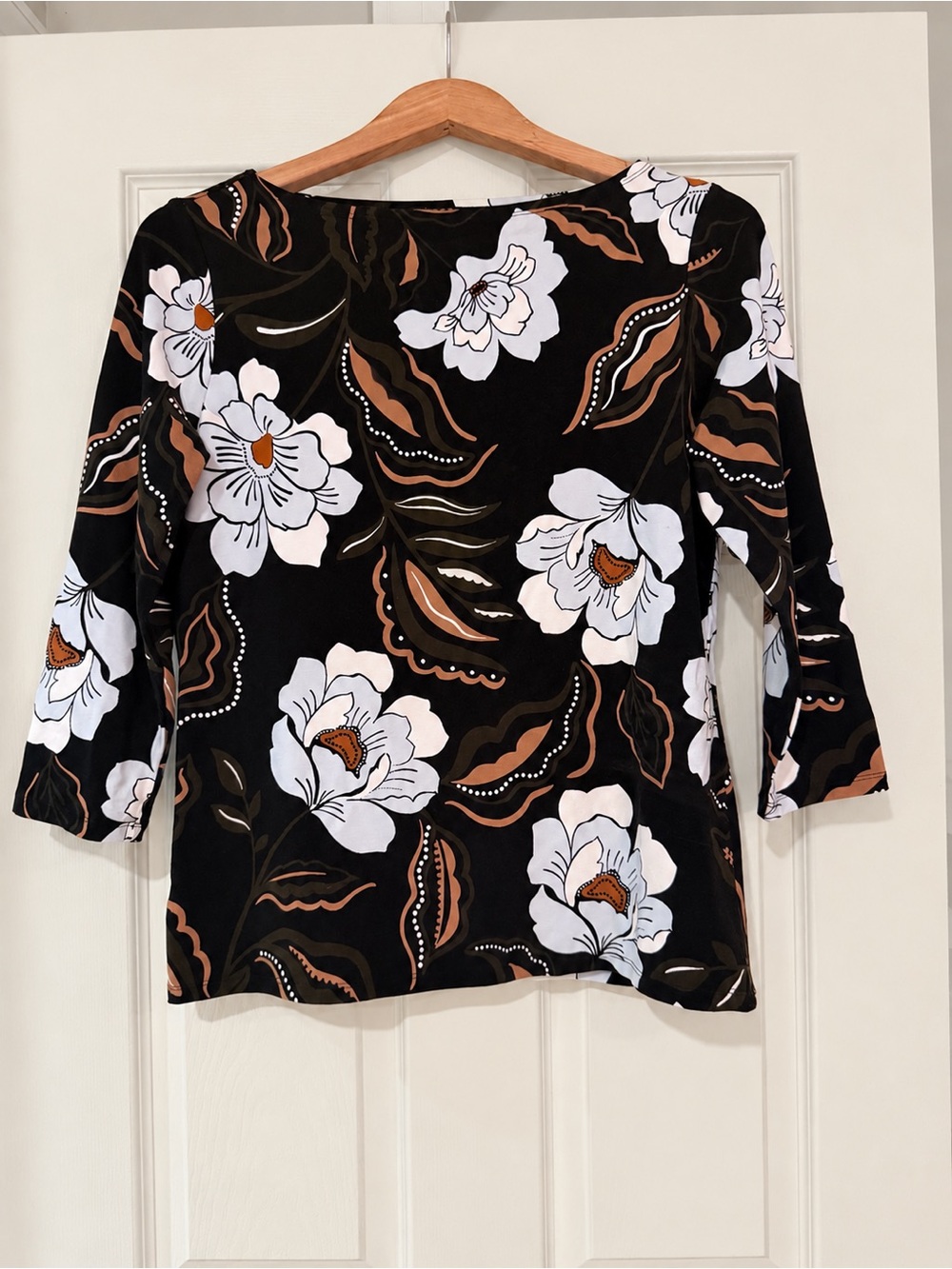 Ann Taylor Factory Black Floral Boatneck Top with White and Brown Accents